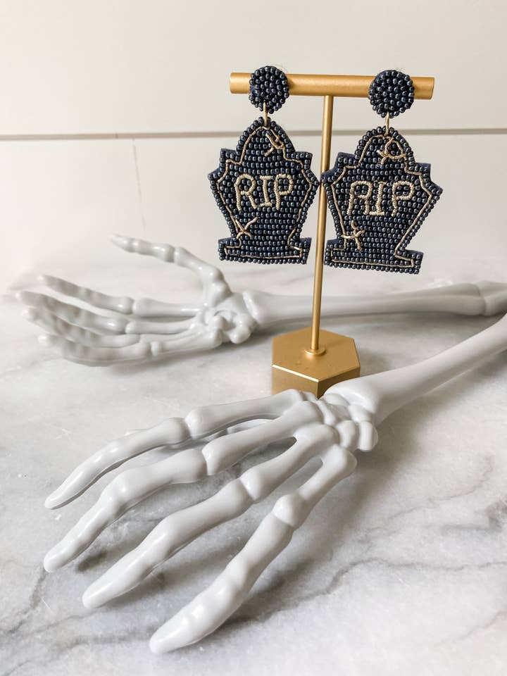 Halloween RIP Tombstone Beaded Statement Earrings for wholesale by Brookhaven Baubles