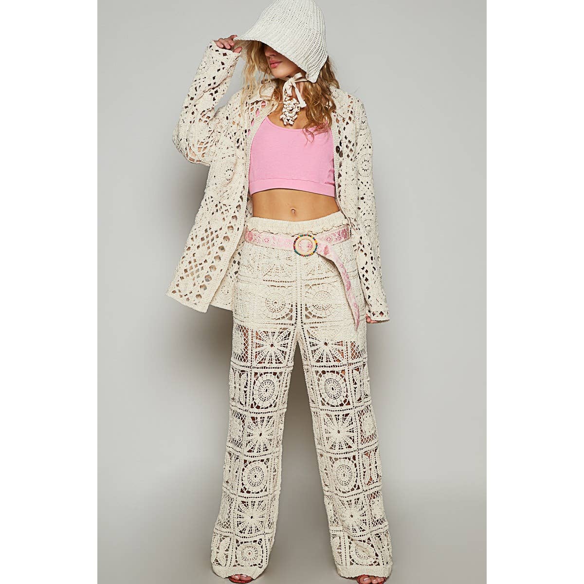 Pol Clothing - Vente Chemise à col boutonné – femme - Chemise boutonnée surdimensionnée en crochet uni10