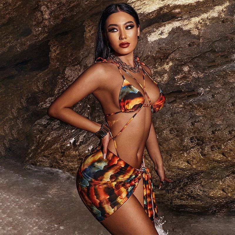 MULTICOLORE Imprimé Tie-Dye Maillot de Bain Trois Pièces en Résille en vente sur Faire1