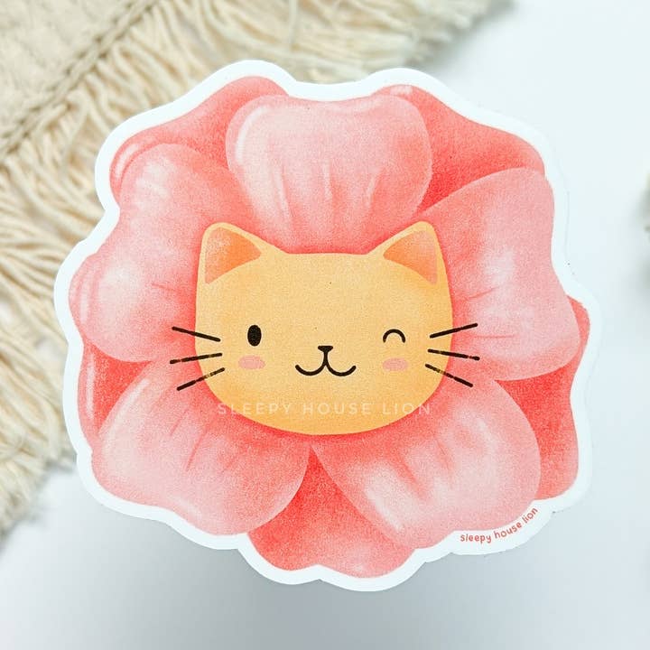 Sleepy House Lion – wholesale Sticker – Cat In a Pink Tulip Flower Vinyl Sticker (Waterproof, UV resistant, Dishwasher Safe)0