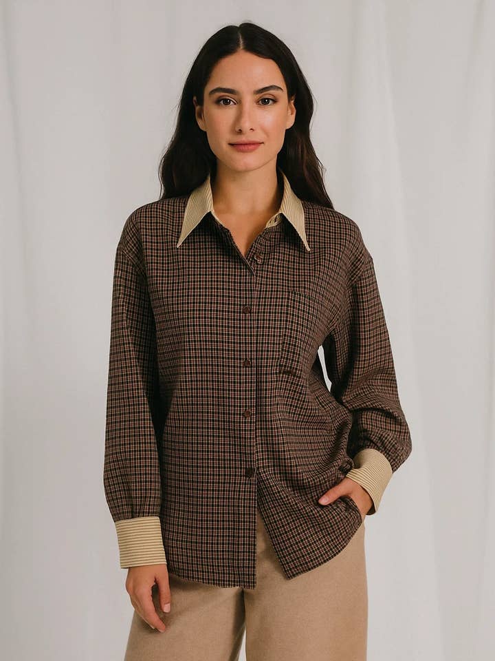 Chilli Girl Collection - Wholesale Button Down Shirt - Women's - Oversize checkered shirt with pocket details0