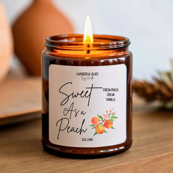 Sweet As A Peach- Soy Candle- 12oz Amber Glass for wholesale by Lavender & Lillies
