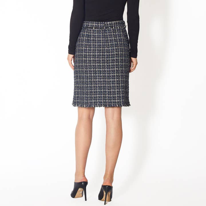 Navy Tweed Saia Lápis de Cintura Alta Pleione Feminina em Tweed Azul-Marinho para venda a revendedores na Faire4