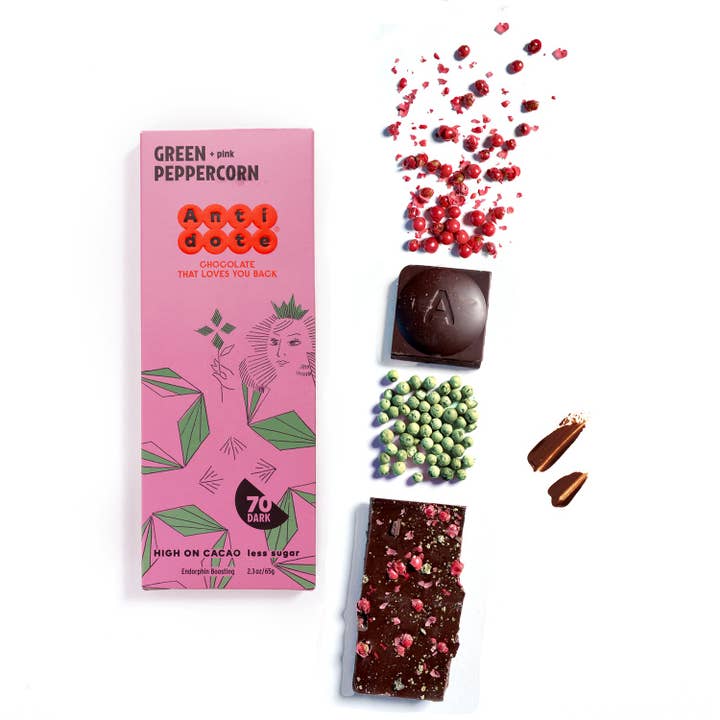 Antidote Chocolate Box of 12 QUEEN P: Pink + Green Peppercorn 70% for wholesale by Antidote Chocolate