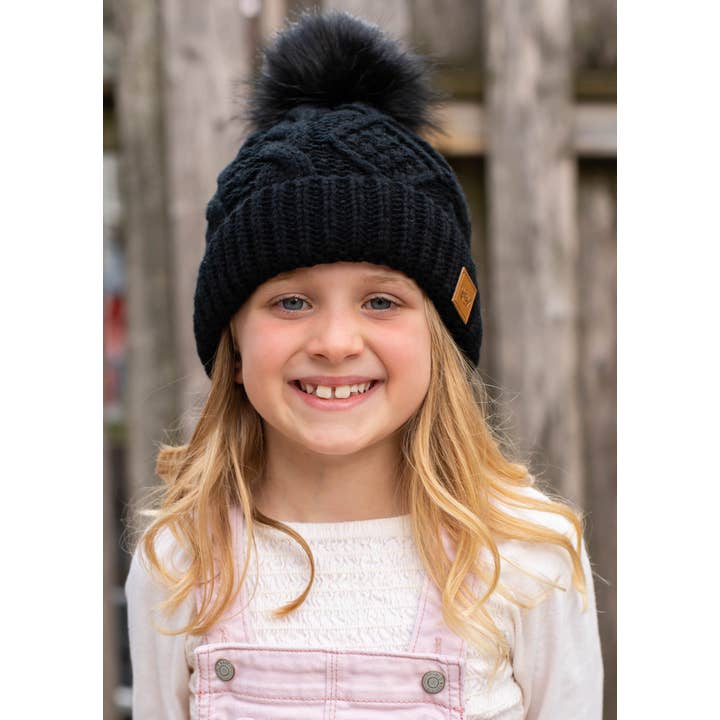 Panache Apparel Co. - Wholesale Beanie - Women's - KIDS Black Cable Knit Pom Hat