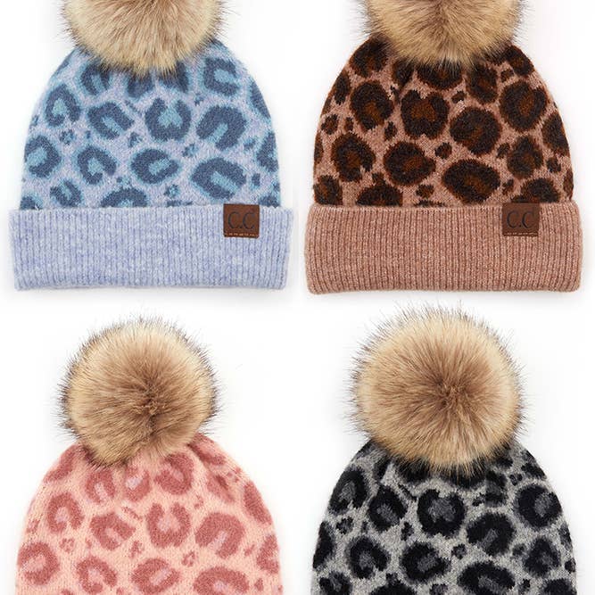 Hana - Wholesale Beanie - Women's - C.C Leopard Knit Cuff Beanie With Pom Winter Hat1