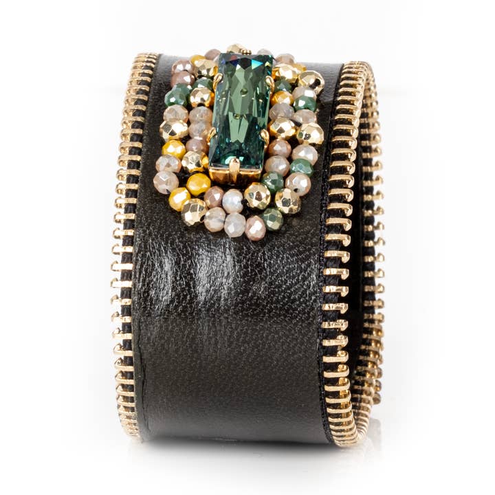 lack Leather Zipper Cuff with Emerald-Tone Crystal and Beads for wholesale by The Dark