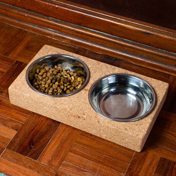 Cork Base and Stainless Steel Double Bowl Pet Food Dish L-92 for wholesale by Meninas Bonitas Cork