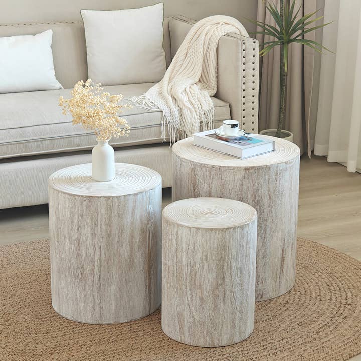 39F Inc. - Wholesale Coffee Table - Set of 3 Whitewashed Wood Coffee & End Tables, Plant Stands13