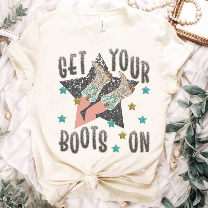 Western Country Boots Graphic Tee Cowgirl Get Your Boots On for wholesale by Par.tees by Party On!