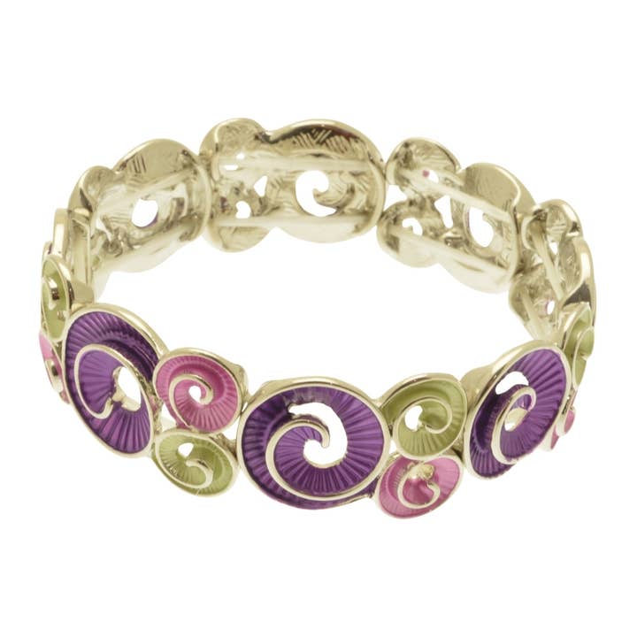 Bracelet élastiqué texturé violet et vert en spirale pour la vente par Miss Milly Limited