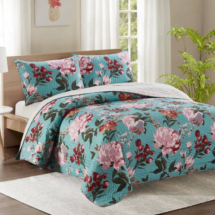King Bed Quilted Bedspread YJ4 Teal Flowers for wholesale by Luxorate