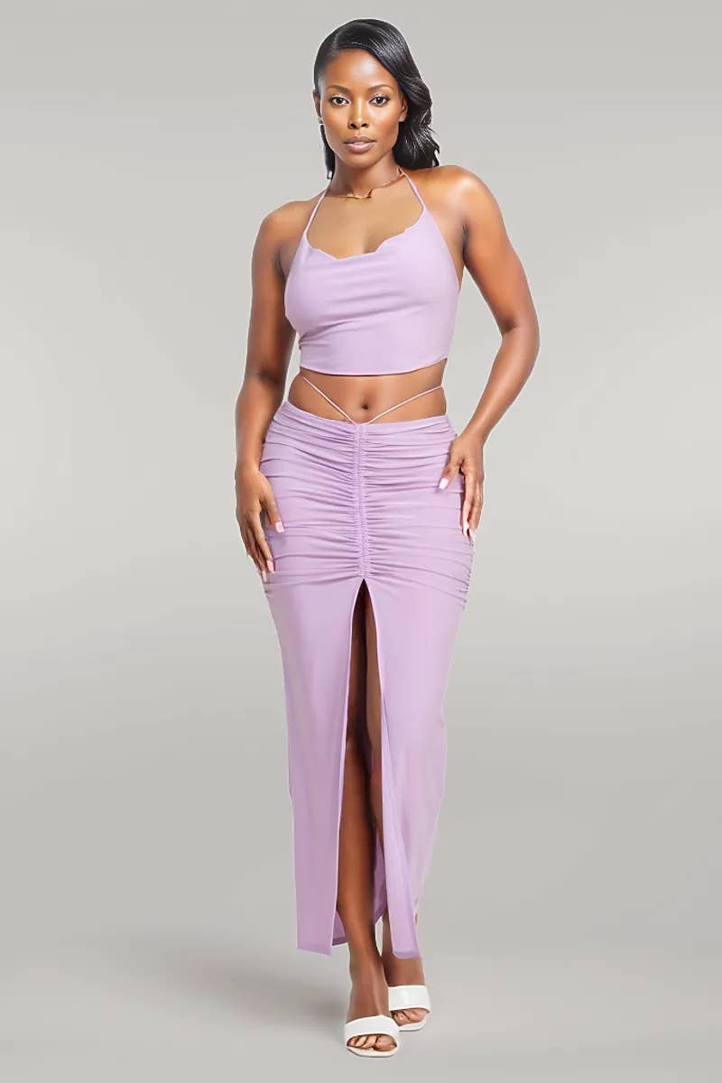 5besties inc – Conjunto de top e saia - Mulher por atacado – CONJUNTO DE TOP RECORTADO COM GOLA DE CAPUZ E SAIA COM CORDAS3