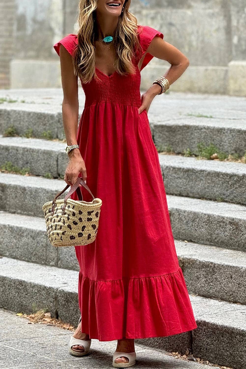 Lovesoft - Wholesale Dress - Women's - Fiery Red V Neck Flutter Sleeve Smocked Bodice High Waist Ruffle Maxi Dress