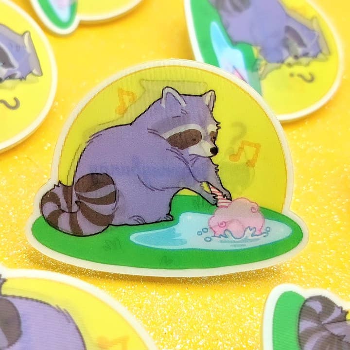 Raccoon Washing Cotton Candy Lenticular Acrylic Pin for wholesale by Journeybunny