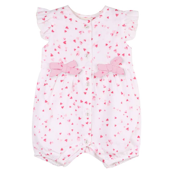 Dora Fluttering Hearts Bow Baby Romper (Organic Muslin) for wholesale by Viverano Organics