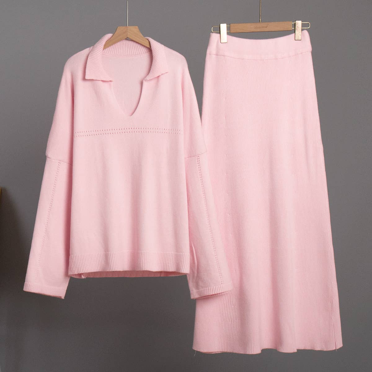 Rosa Clothing - Wholesale Top & Skirt Set - Women's - Polo Collar Loose Pullover Knit Sweater Skirt Set14