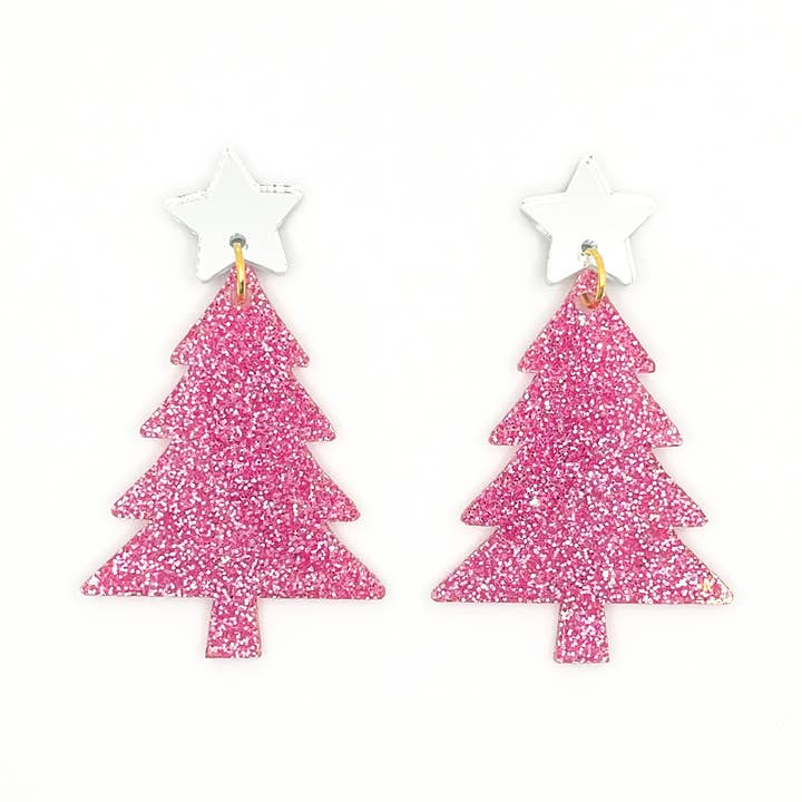 Christmas Tree Pink Glitter Earrings for wholesale by Hazel & Ollie