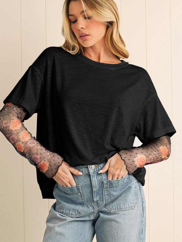 Top de cuello redondo con mangas de malla floral verde helecho patchwork para venta al por mayor de Kustom Kreations Goods