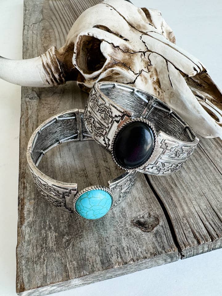 Western Semi Stone Aztec Texture Double Stretch Bracelet for wholesale by Boho Ranch Shop