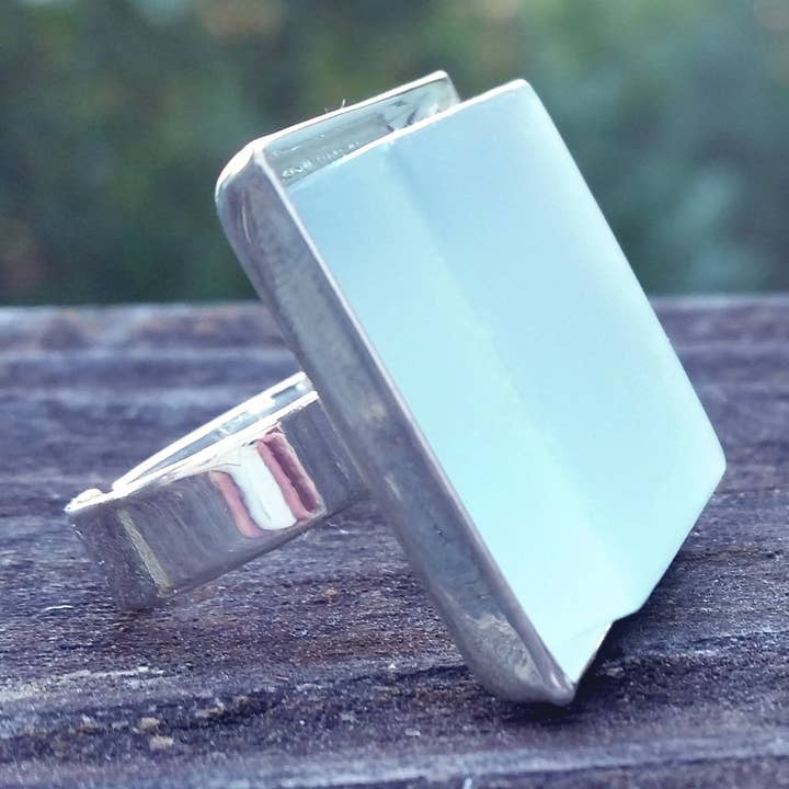 Aqua glass tile silver-plated adjustable ring for wholesale by Amy Pfaffman Jewelry
