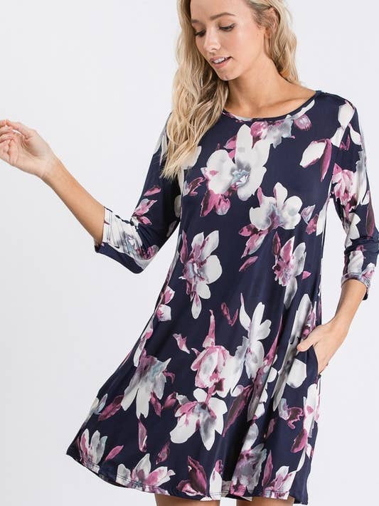 D4511HS32-3/4 Sleeve Floral Dress With Side Pocket for wholesale by Sunday Morning