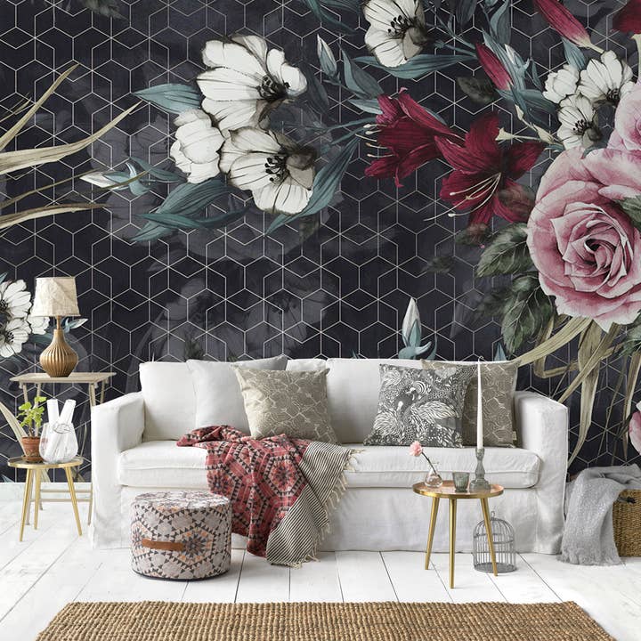 Rose Flower Dunkle Geometrische Muster Tapete für den Großhandel von GK Home Decor