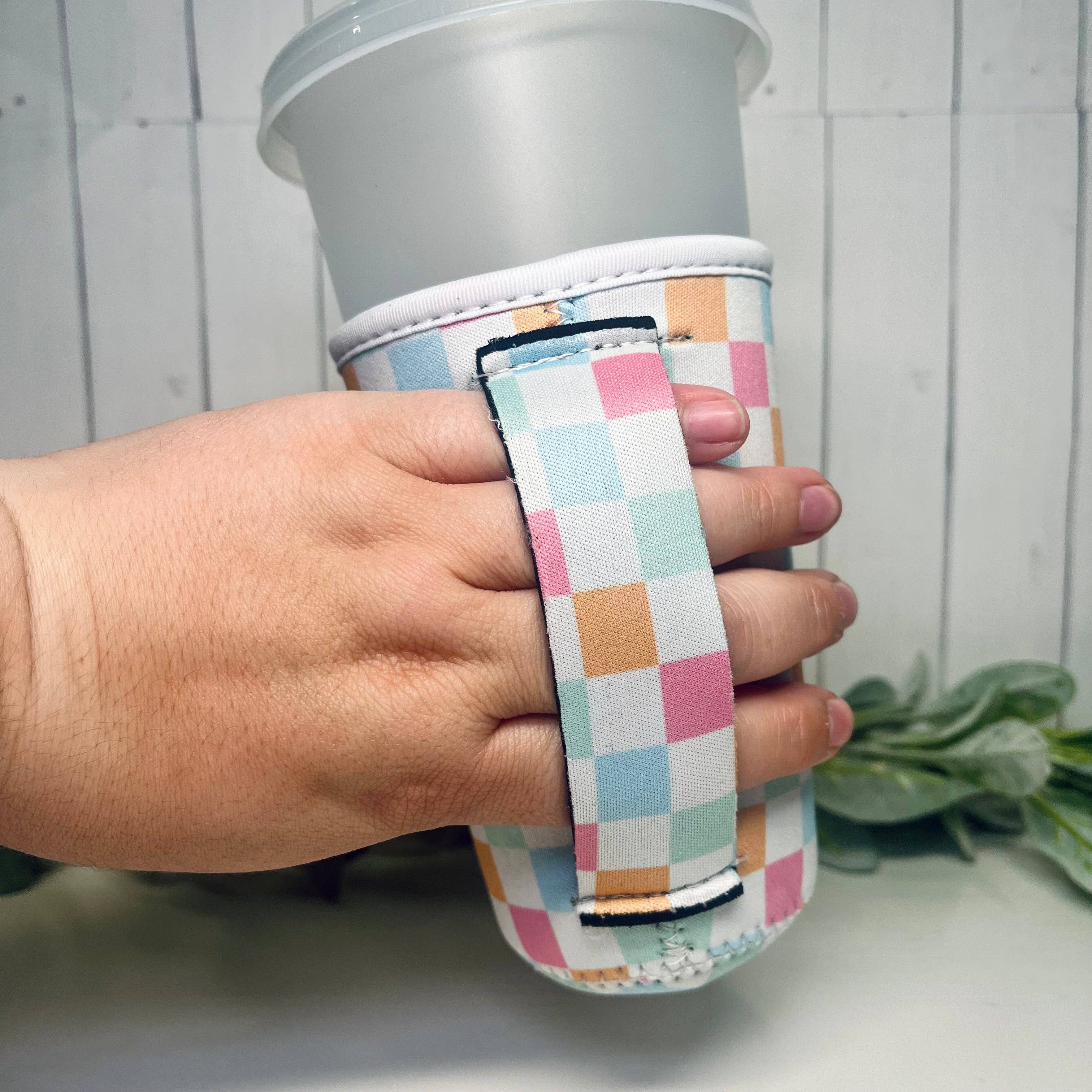 Mint Print Shop & Co - Wholesale Drink Huggers & Koozies - Pastel Checkered Drink Sleeve With Handle | Medium2