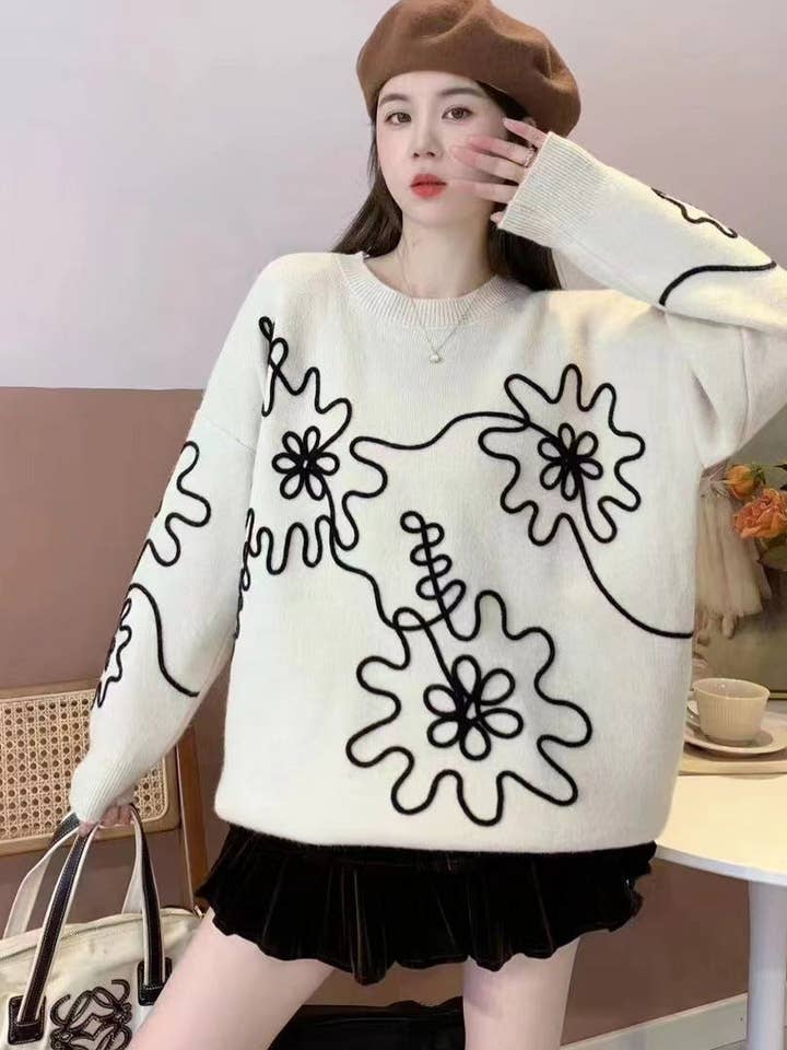 Knit Floral Oversized Sweater for wholesale by StyleGalX