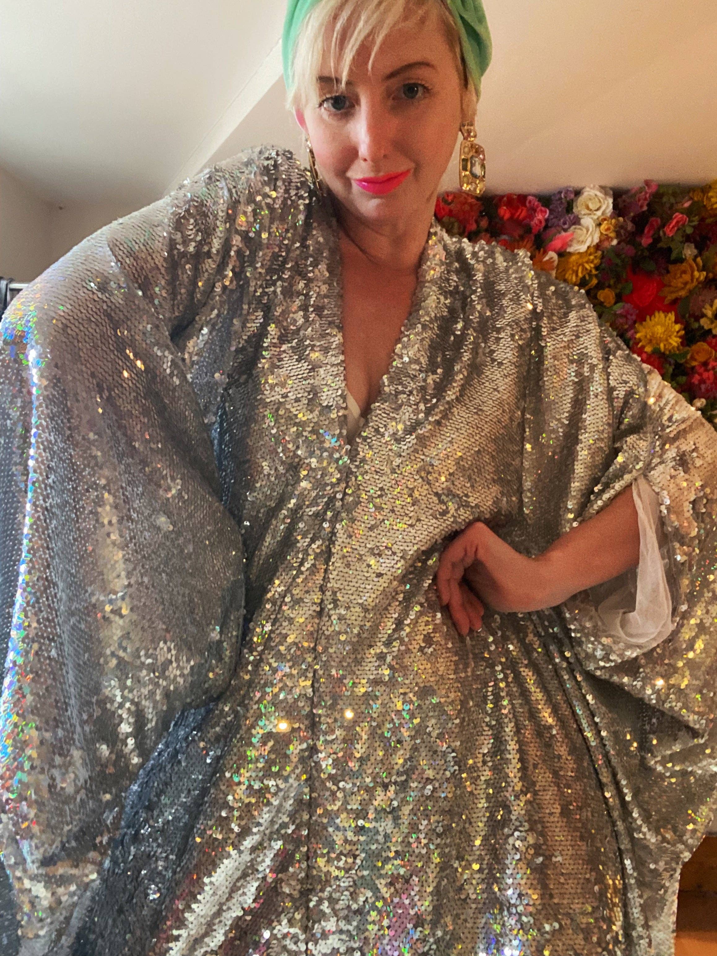 Fumbalinas – wholesale Kaftan – Women's – Silver Metallic Holographic/  Sequin Kaftan Gown / Dress36