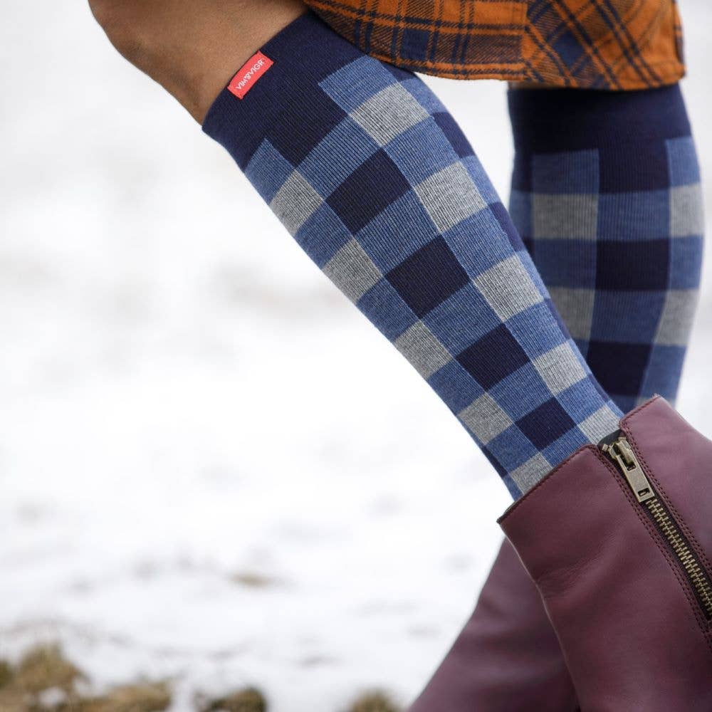 Black Heathered Grey 15-20 mmHg Cotton Compression Socks: Montana Plaid Navy for wholesale on Faire3