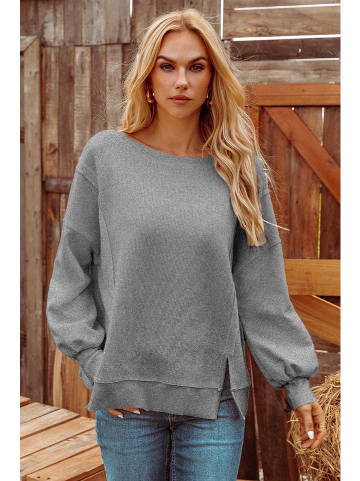 fashionworks - Wholesale Sweatshirt - Women's - Waffle Knit Bishop Sleeve Split Oversized Sweatshirt*S-2XL2