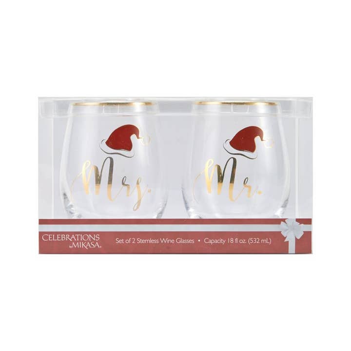 Mikasa - Wholesale Wine Glass - Celebrations by Mikasa 18OZ Mr/Mrs Claus Stemless Glass S/2