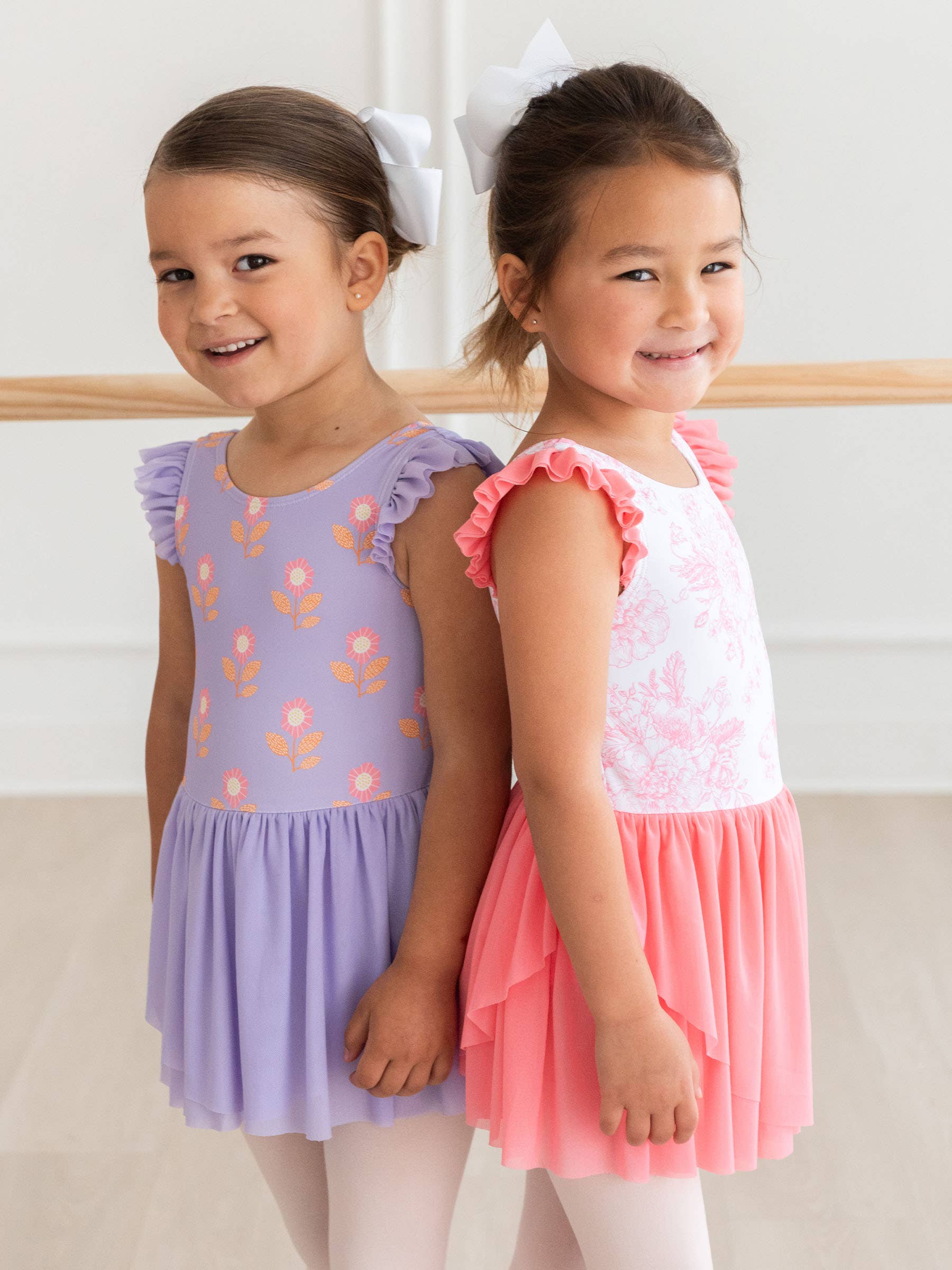 Girls Bubblegum Pink Butterfly Garden Toile Flutter Sleeve Dance & Gymnastics Leotard for wholesale on Faire5