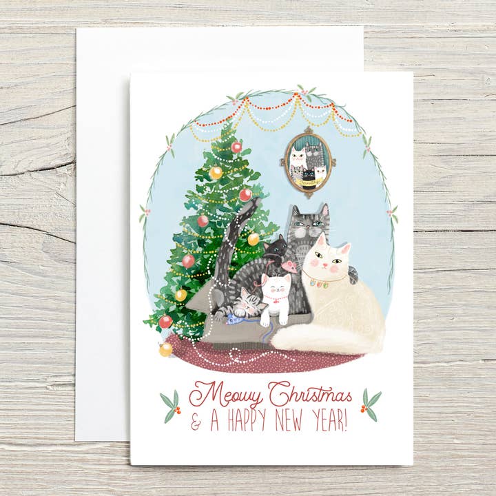 Meowy Christmas watercolour cat family card for wholesale by Christy Obalek Illustration