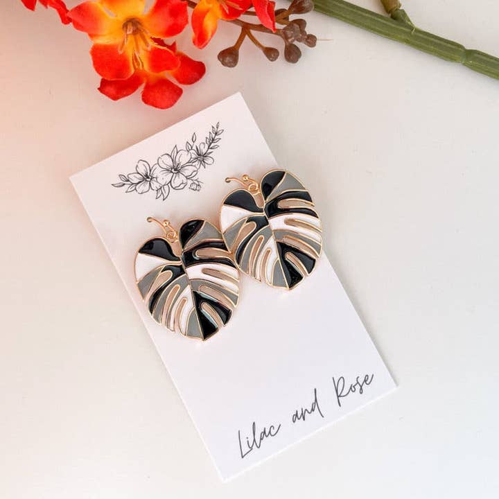 Enamel Monstera Leaf Earrings for wholesale by Lilac and Rose