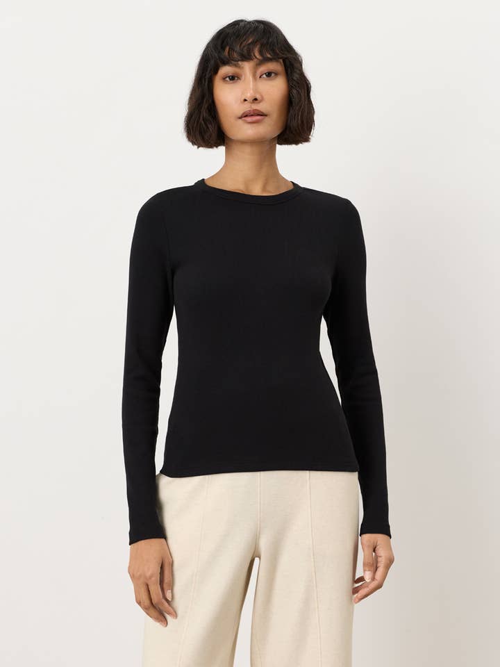 T-shirt côtelé à col rond et manches longues pour femme pour la vente par Pact