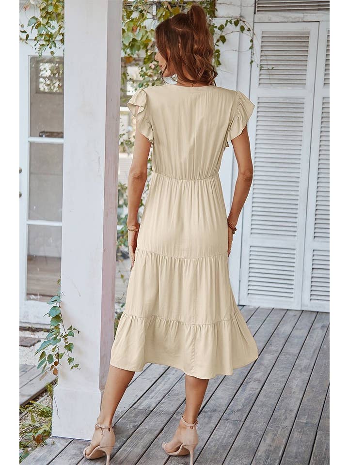 Supreme Fashion - Wholesale Dress - Women's - V Neck Flutter Sleeve Ruffle Hem Layered Dress2