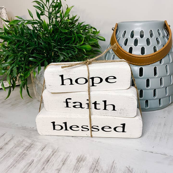 Rustic Faith – Hope Faith Blessed – White Stacked Blocks for wholesale by Joshua Jar