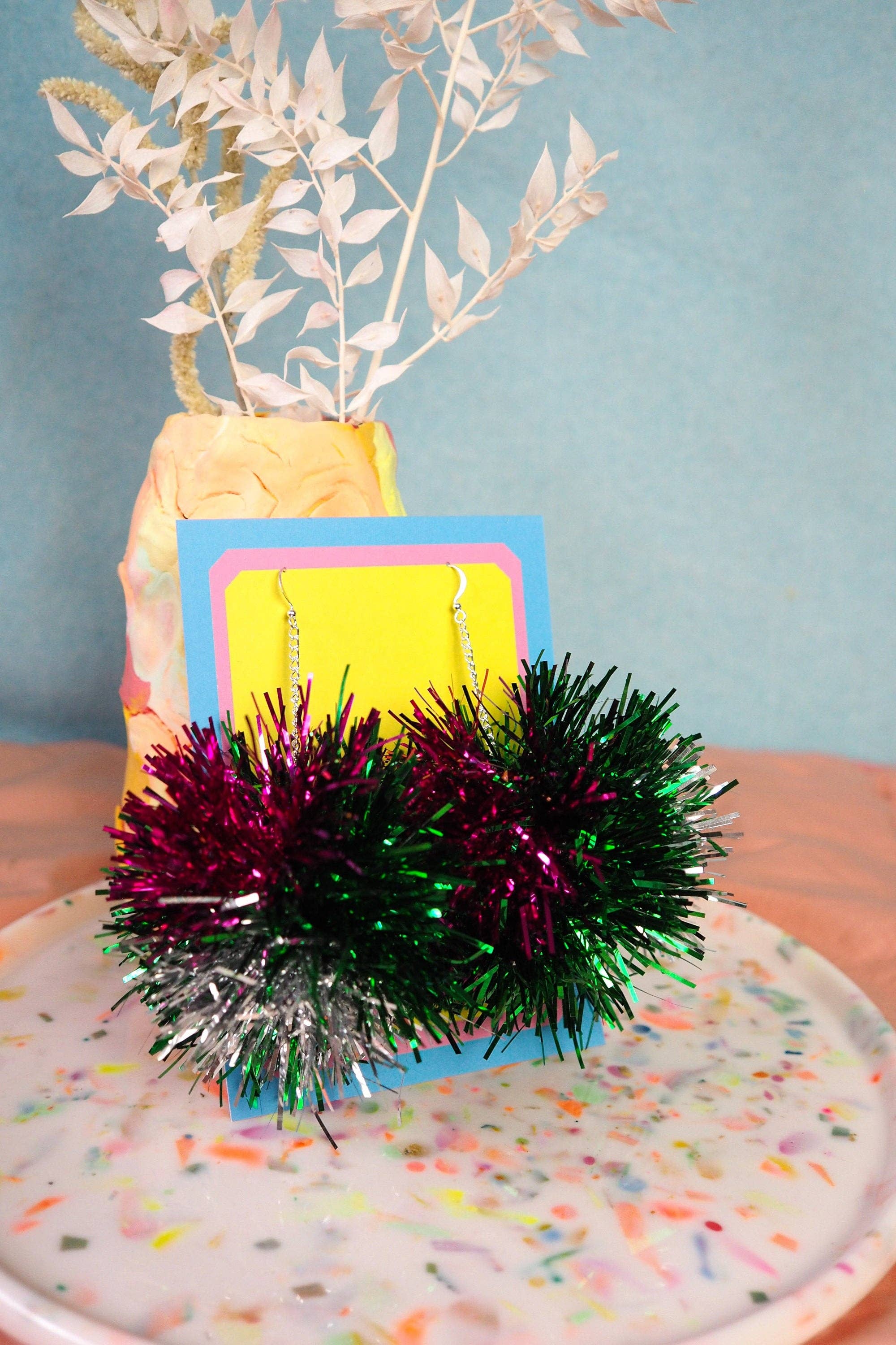 Fat Pom Poms – wholesale Dangle earrings – Green, Pink & Silver Tinsel Pom Pom Earrings - Pom Poms - Christmas Fall Jewelry2