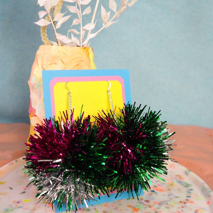 Fat Pom Poms - Wholesale Dangle Earrings - Green, Pink & Silver Tinsel Pom Pom Earrings - Pom Poms - Christmas Fall Jewelry2