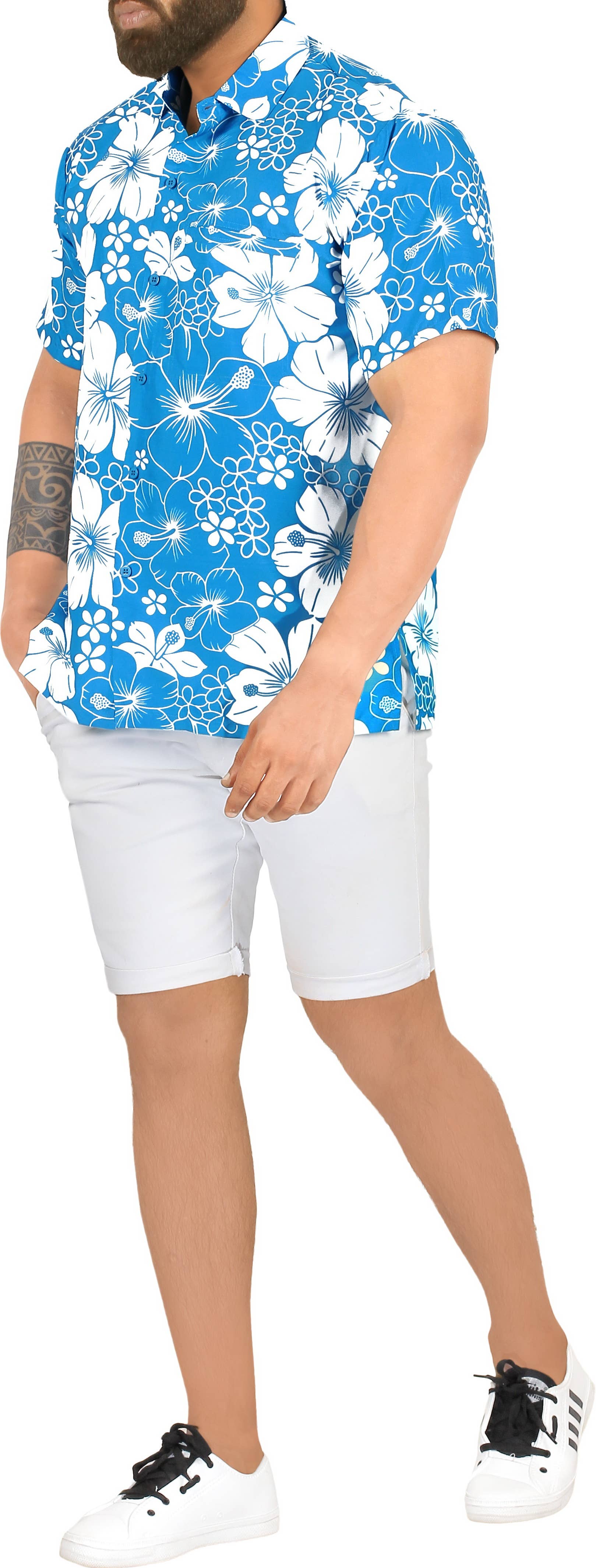 Teal Blue Hibiscus Floral Beach Hawaiian Shirt Men P00021 for wholesale on Faire4
