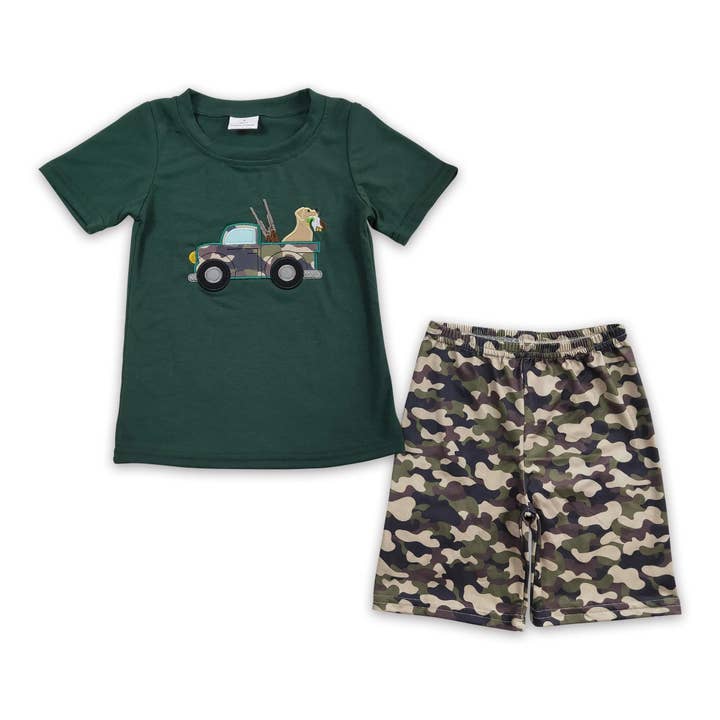 Camo truck dog embroidery kids boy hunting clothes for wholesale by Yawoo Garments