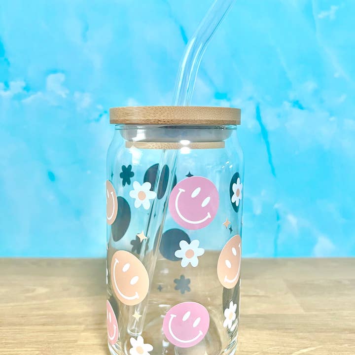 FriendlyAdventures – wholesale Dricksglas och koppar – Retro smiley ansikte daisy öl soda burk glas kopp