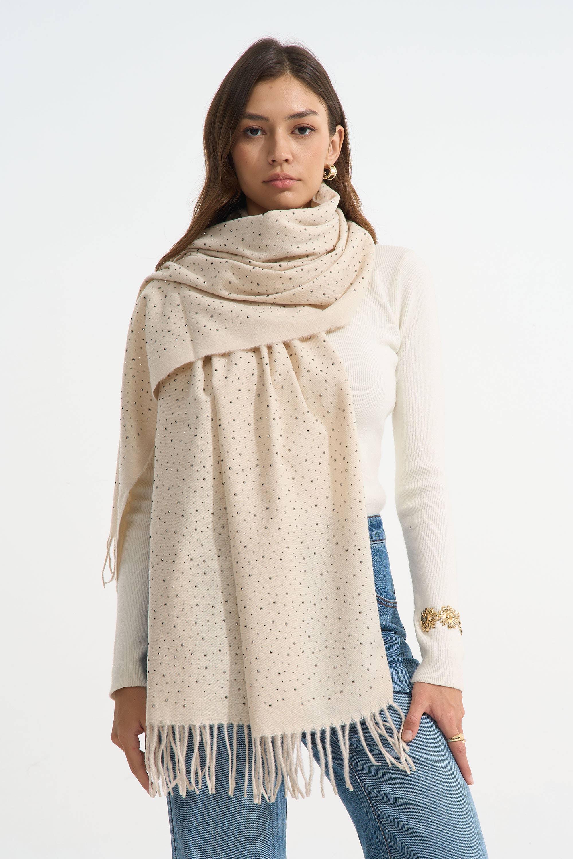 PHANIE MODE - Wholesale Scarf - Women's - E-09300 Scarf with rhinestones and fringes0