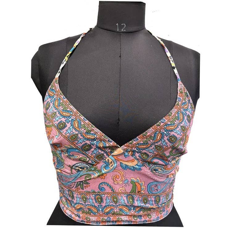 Bhawana Handicrafts - Wholesale Blouse - Women's - 5 Pcs Lot Women's Recycled Silk Halter Top Bralet Crop Top2