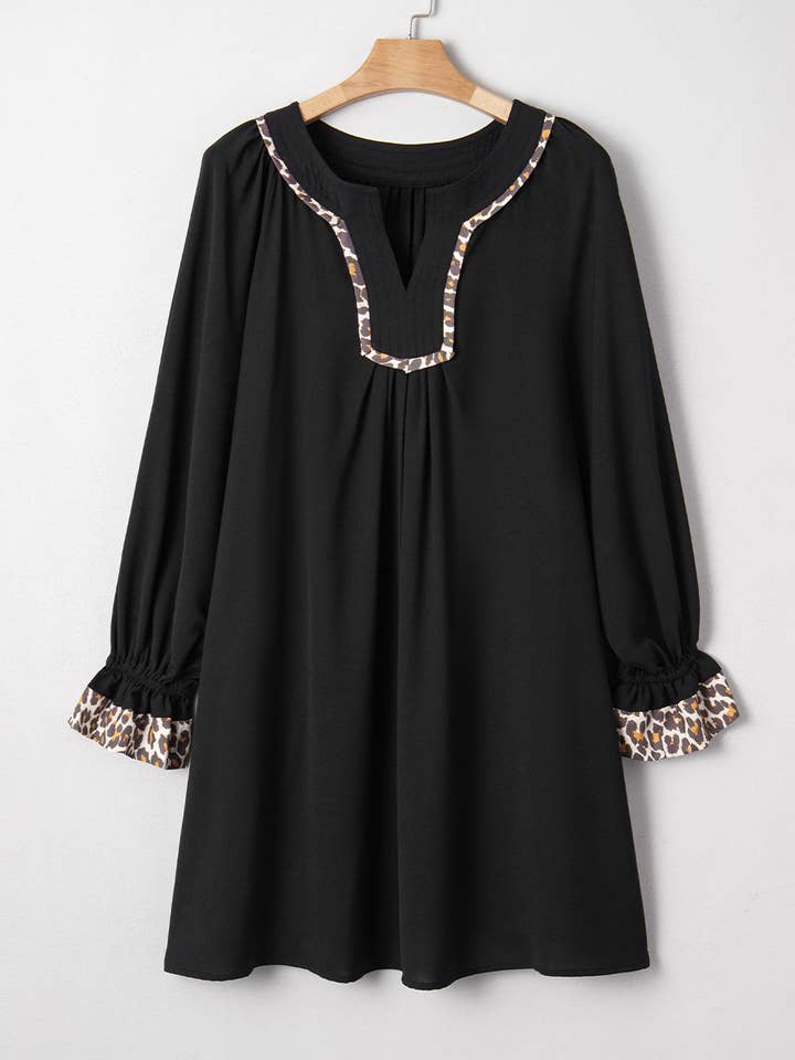Plus Size Leopard Contrast Trim Notched Neck Dress for wholesale by LALA LOO