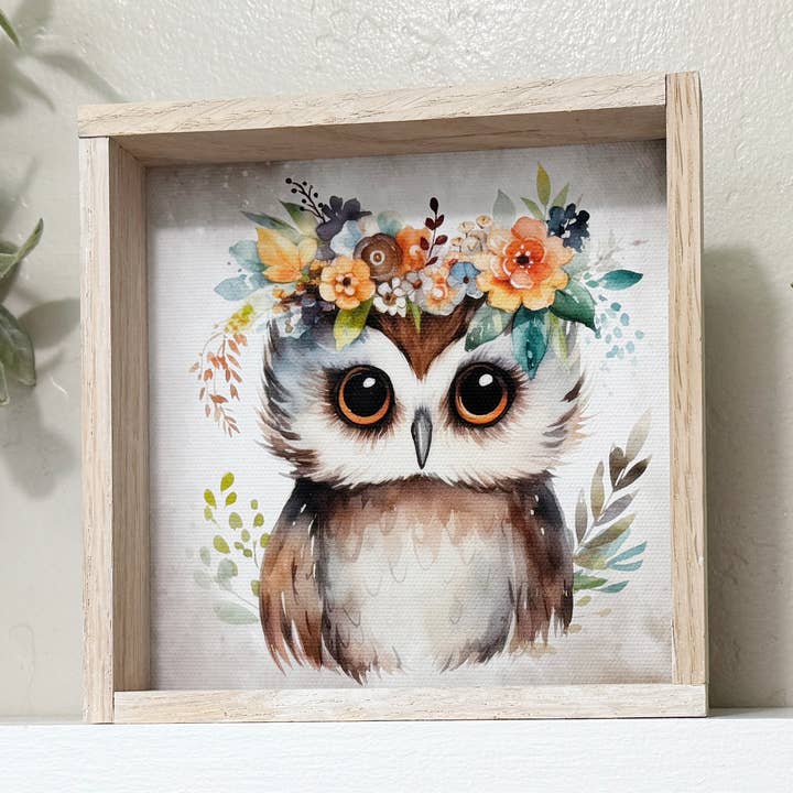 Boho Cute Owl Wall Art - Nursery Canvas Art - Wood Framed for wholesale by Hangout Home