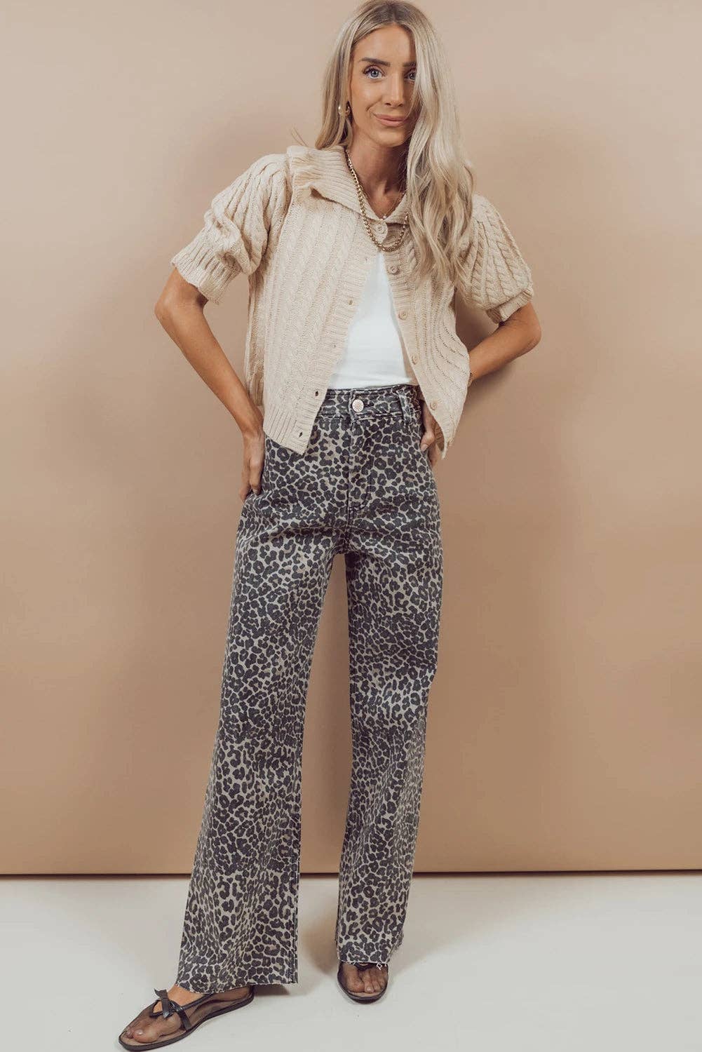 Black Leopard Print Wide Leg High Waist Jeans for wholesale on Faire3