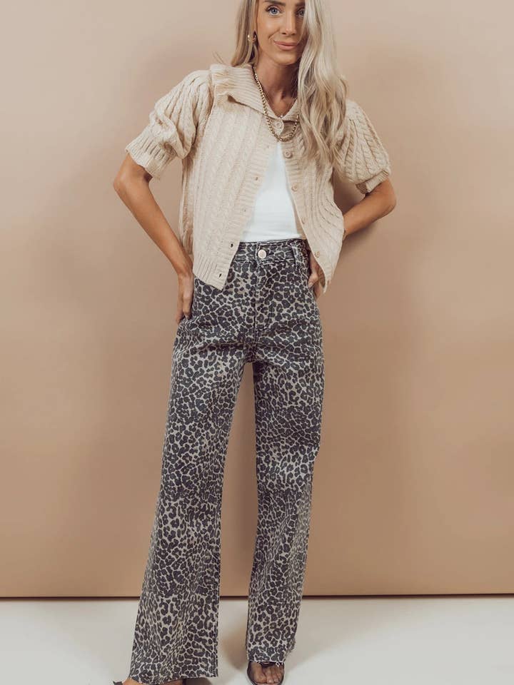 Black Leopard Print Wide Leg High Waist Jeans for wholesale on Faire3